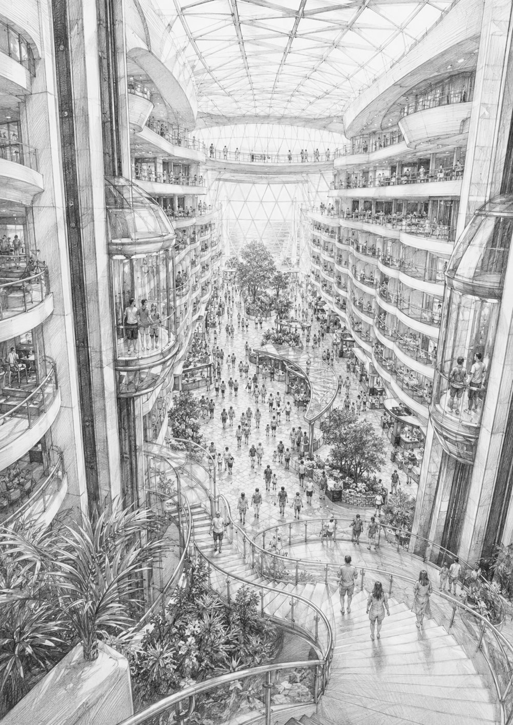 Illustration of the Royal Promenade and atrium aboard Wonder of the Seas