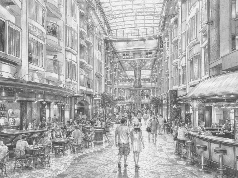 Illustration of the four-deck Royal Promenade aboard Independence of the Seas