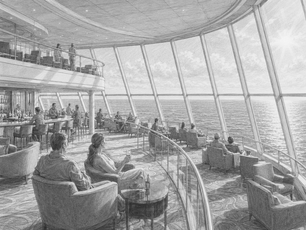 Illustration of the Waterfront and public spaces aboard Norwegian Encore