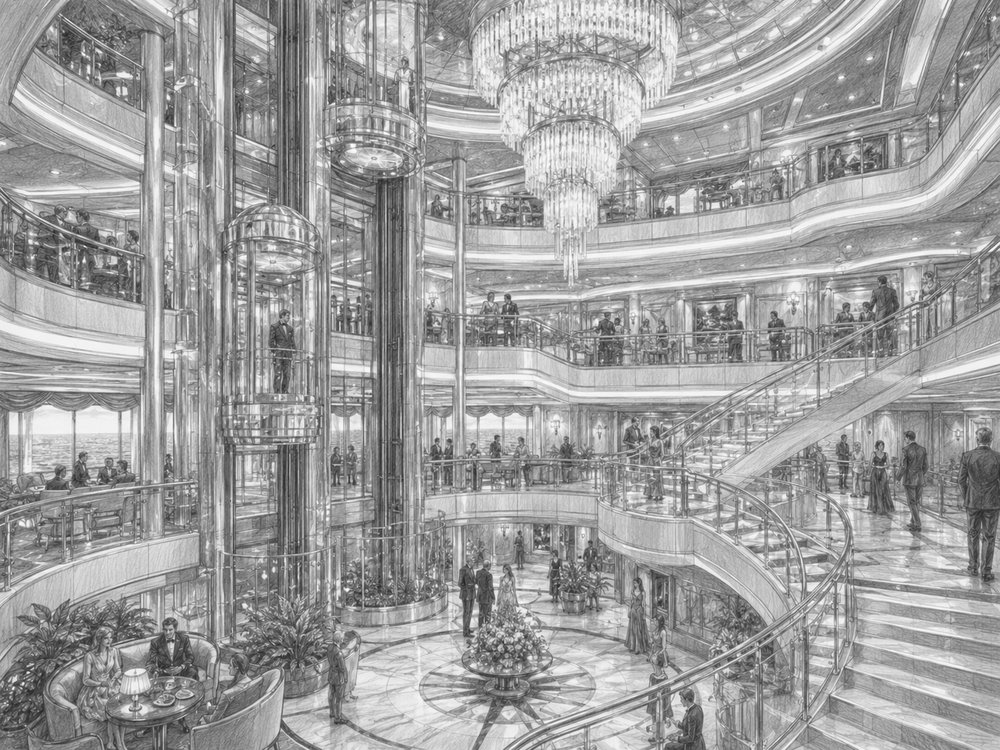 Illustration of the glass-elevator Galleria atrium aboard MSC World Asia