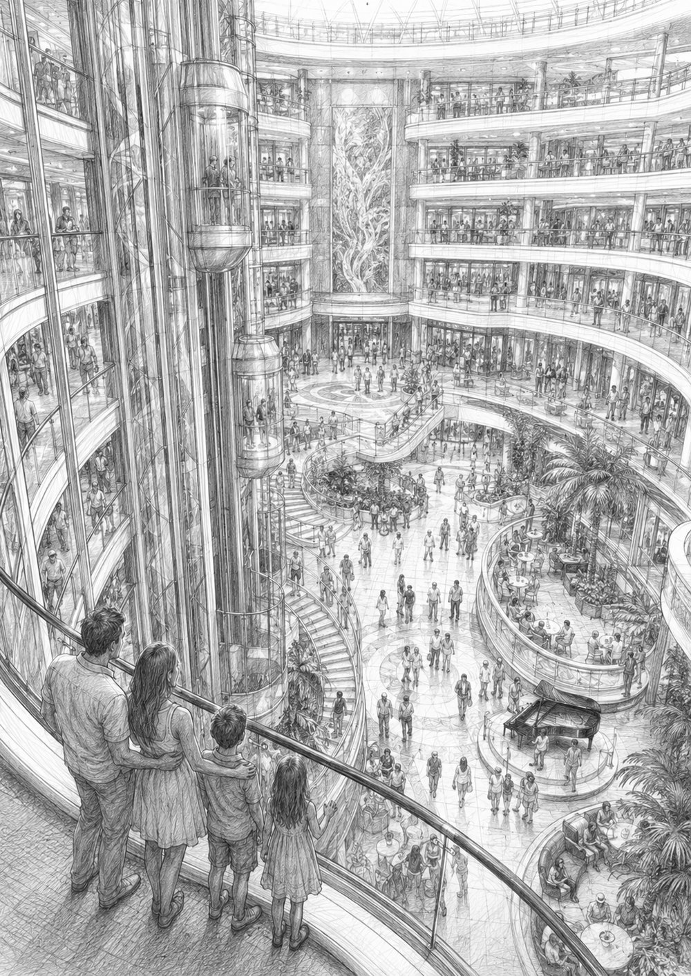 Illustration of the Royal Promenade and atrium aboard Utopia of the Seas