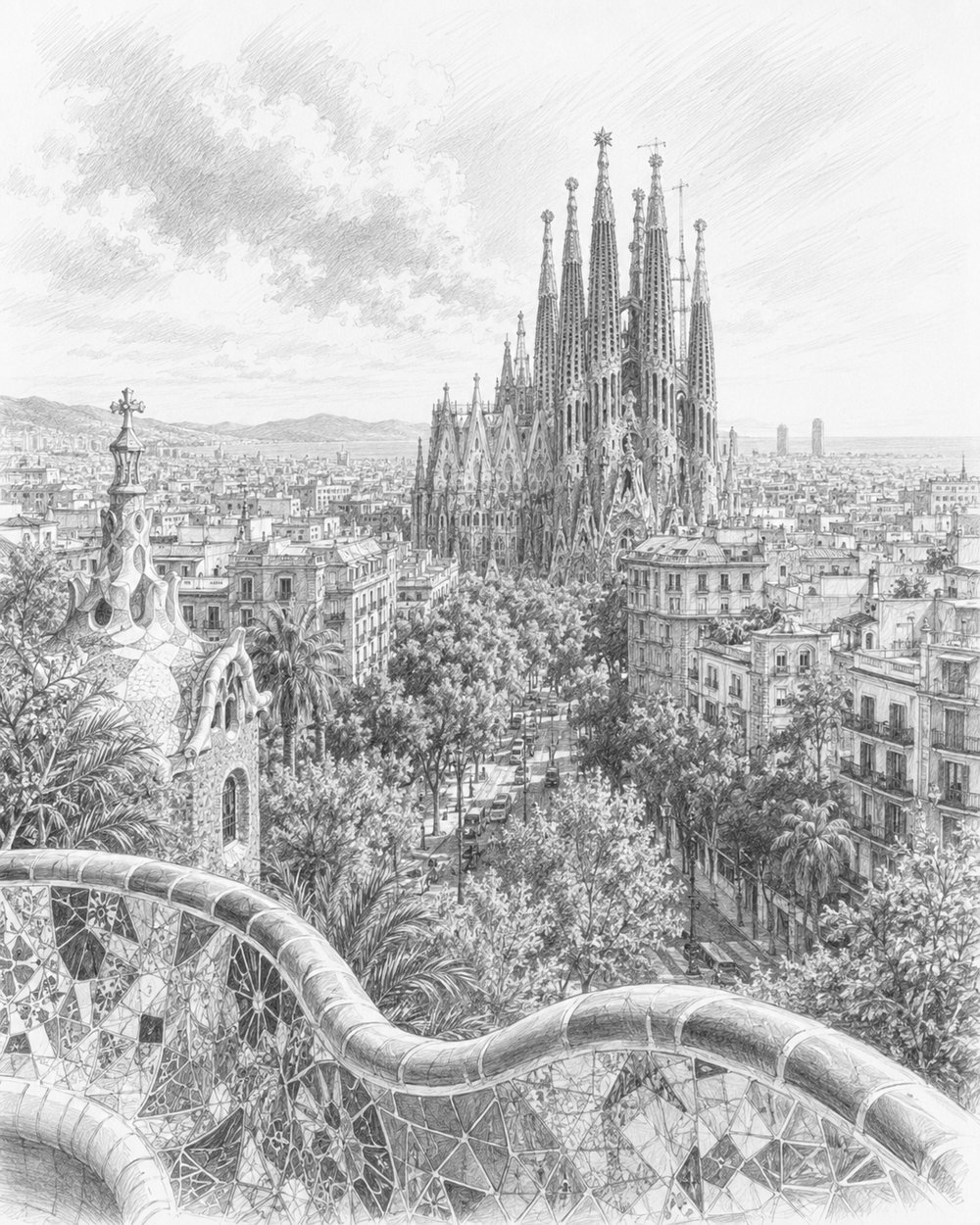 Graphite illustration of Barcelona with the Sagrada Familia and a Park Guell mosaic terrace