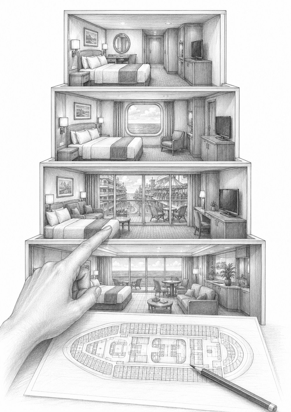Cutaway illustration comparing interior, ocean view, balcony, and suite cabins on Wonder of the Seas
