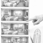 Cutaway illustration comparing interior, ocean view, balcony, and suite cabins on Utopia of the Seas
