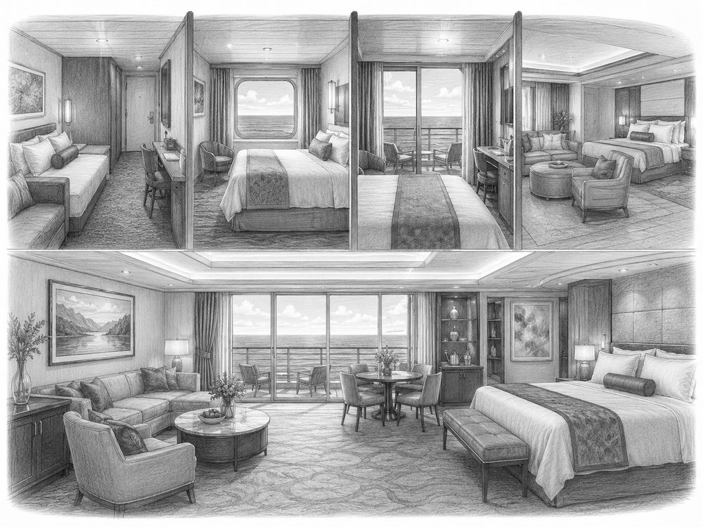 Cutaway illustration comparing studio, inside, balcony, and Haven cabins on Norwegian Escape