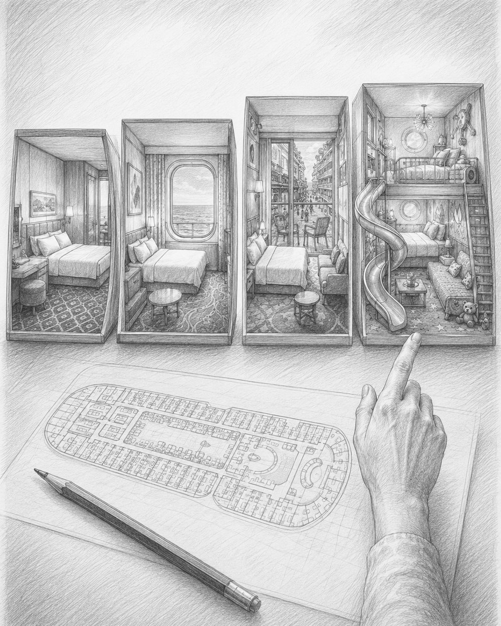 Cutaway illustration comparing studio, inside, balcony, and Haven cabins on Norwegian Luna