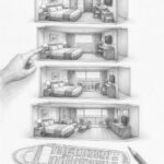 Graphite cutaway illustration comparing interior, ocean view, balcony, and suite cabins on Icon of the Seas beside a deck plan