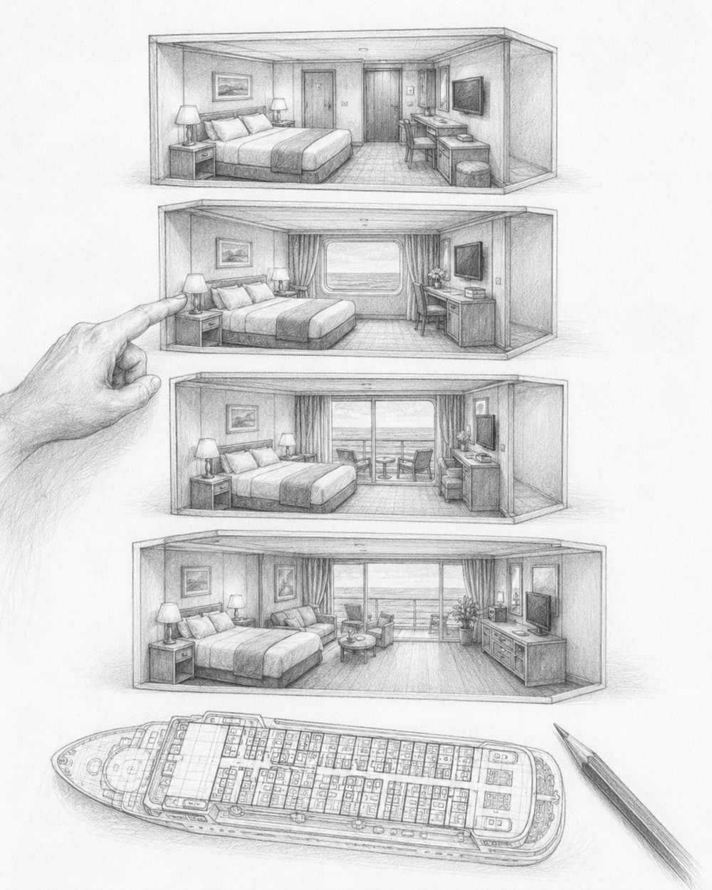 Graphite cutaway illustration comparing interior, ocean view, balcony, and suite cabins on Icon of the Seas beside a deck plan