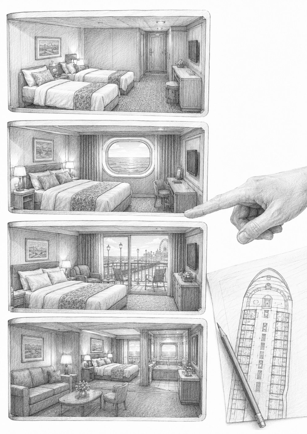 Cutaway illustration comparing interior, ocean view, balcony, and suite cabins on Utopia of the Seas