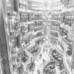 Illustration of the grand multi-deck promenade and atrium aboard Legend of the Seas
