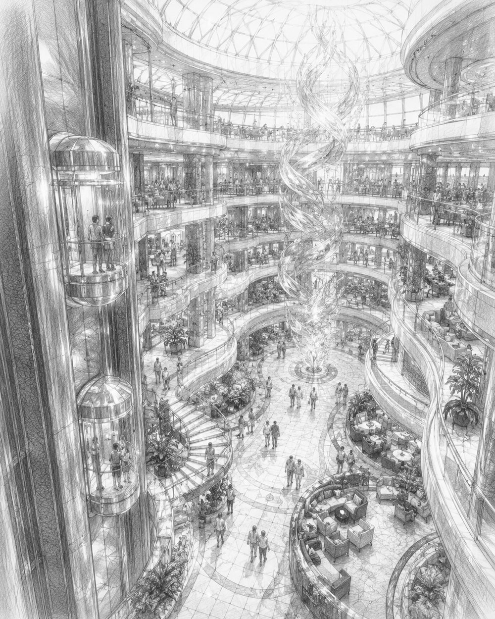 Illustration of the grand multi-deck promenade and atrium aboard Legend of the Seas
