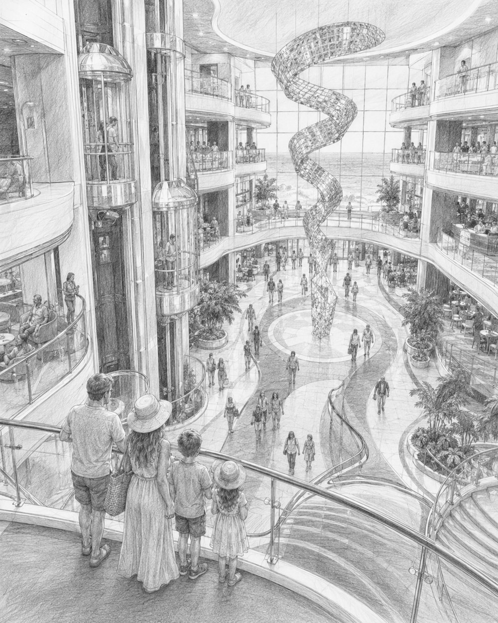 Graphite illustration of the grand multi-deck promenade and atrium aboard Icon of the Seas with tiny guests below