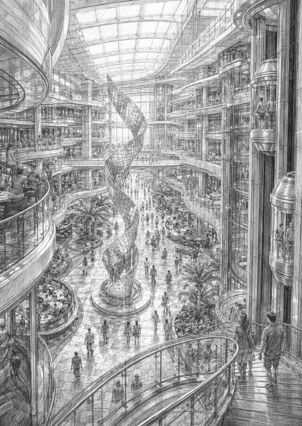 Illustration of the grand multi-deck promenade and atrium aboard Star of the Seas with tiny guests below