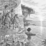 Illustration split between children on a carousel and an adult relaxing in an adults-only infinity pool on Star of the Seas