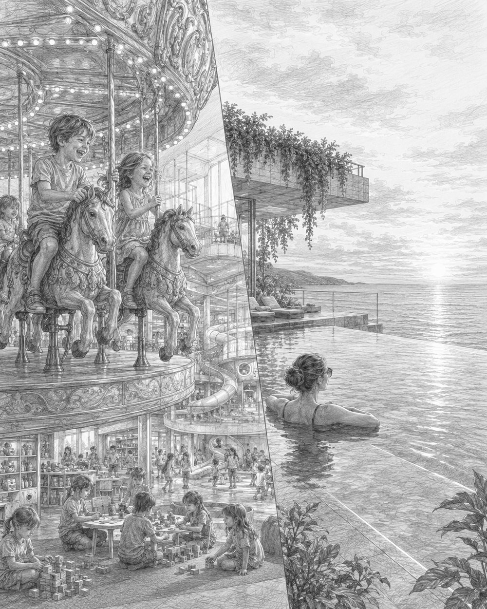 Illustration split between children on a carousel and an adult relaxing in an adults-only infinity pool on Star of the Seas