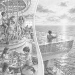Graphite illustration split between children on a carousel and an adult relaxing in an adults-only infinity pool on Icon of the Seas