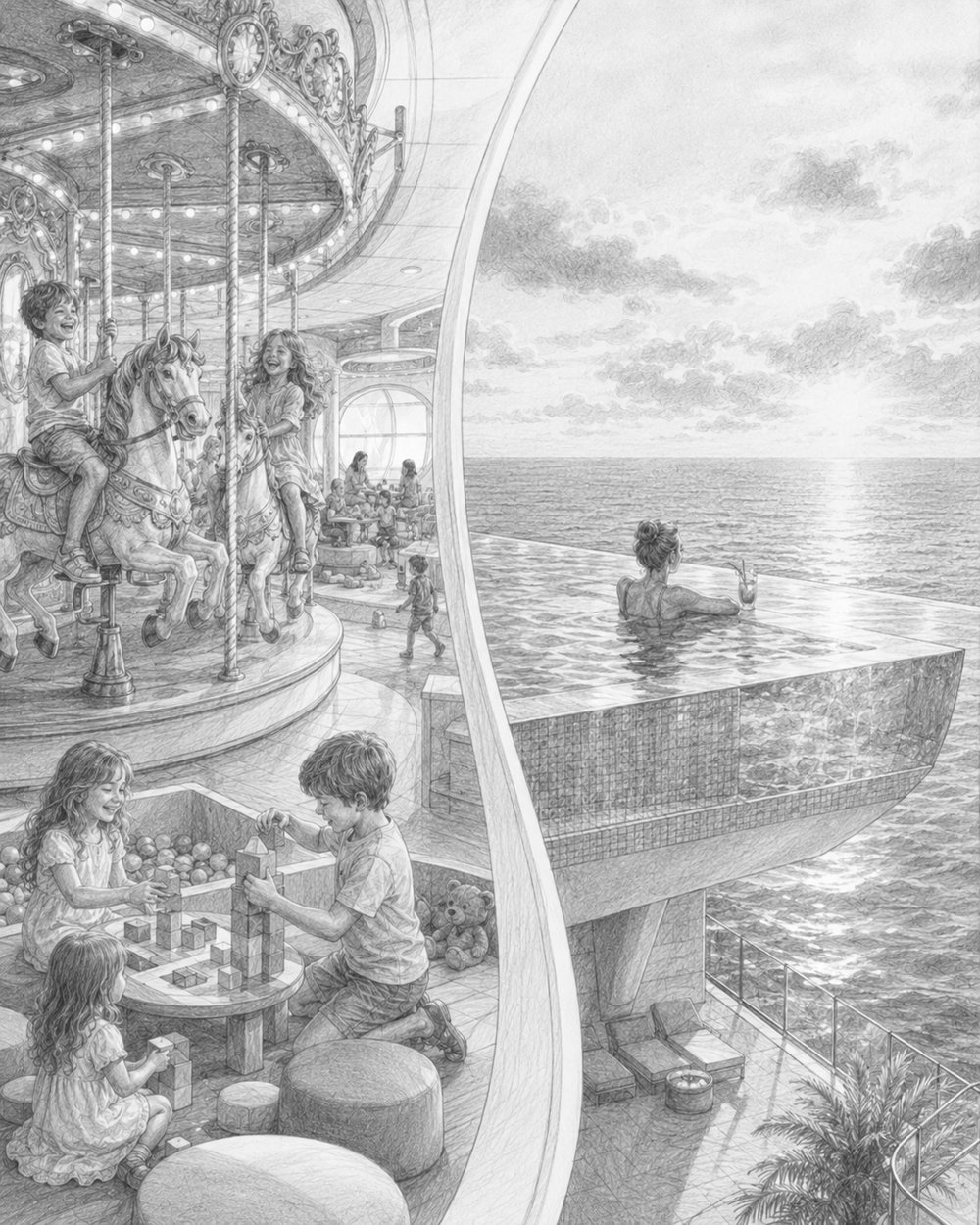 Graphite illustration split between children on a carousel and an adult relaxing in an adults-only infinity pool on Icon of the Seas