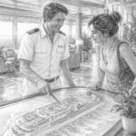 Illustration of a seasoned cruiser sharing advice with a guest beside a large deck map on Star of the Seas