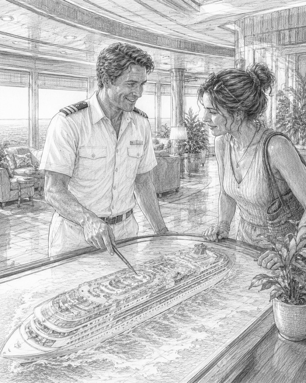 Illustration of a seasoned cruiser sharing advice with a guest beside a large deck map on Star of the Seas