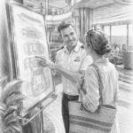 Illustration of a seasoned cruiser sharing advice with a guest beside a large deck map on Legend of the Seas