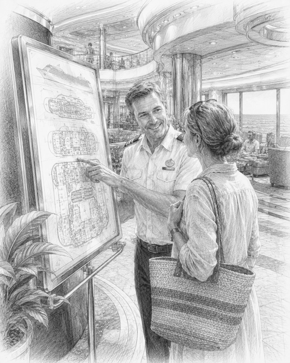 Illustration of a seasoned cruiser sharing advice with a guest beside a large deck map on Legend of the Seas