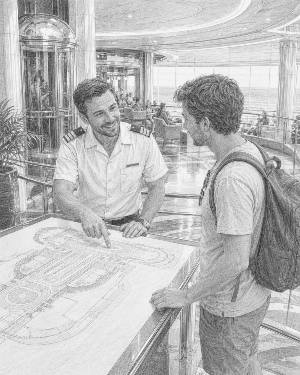 Graphite illustration of a seasoned cruiser sharing advice with a guest beside a large deck map on Icon of the Seas