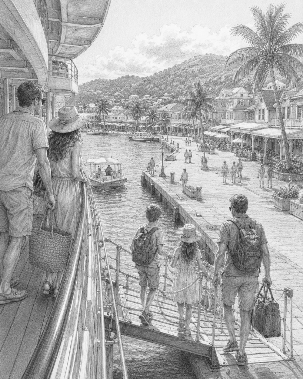 Graphite illustration of a Caribbean port seen from Icon of the Seas, with a gangway down to a palm-lined quay