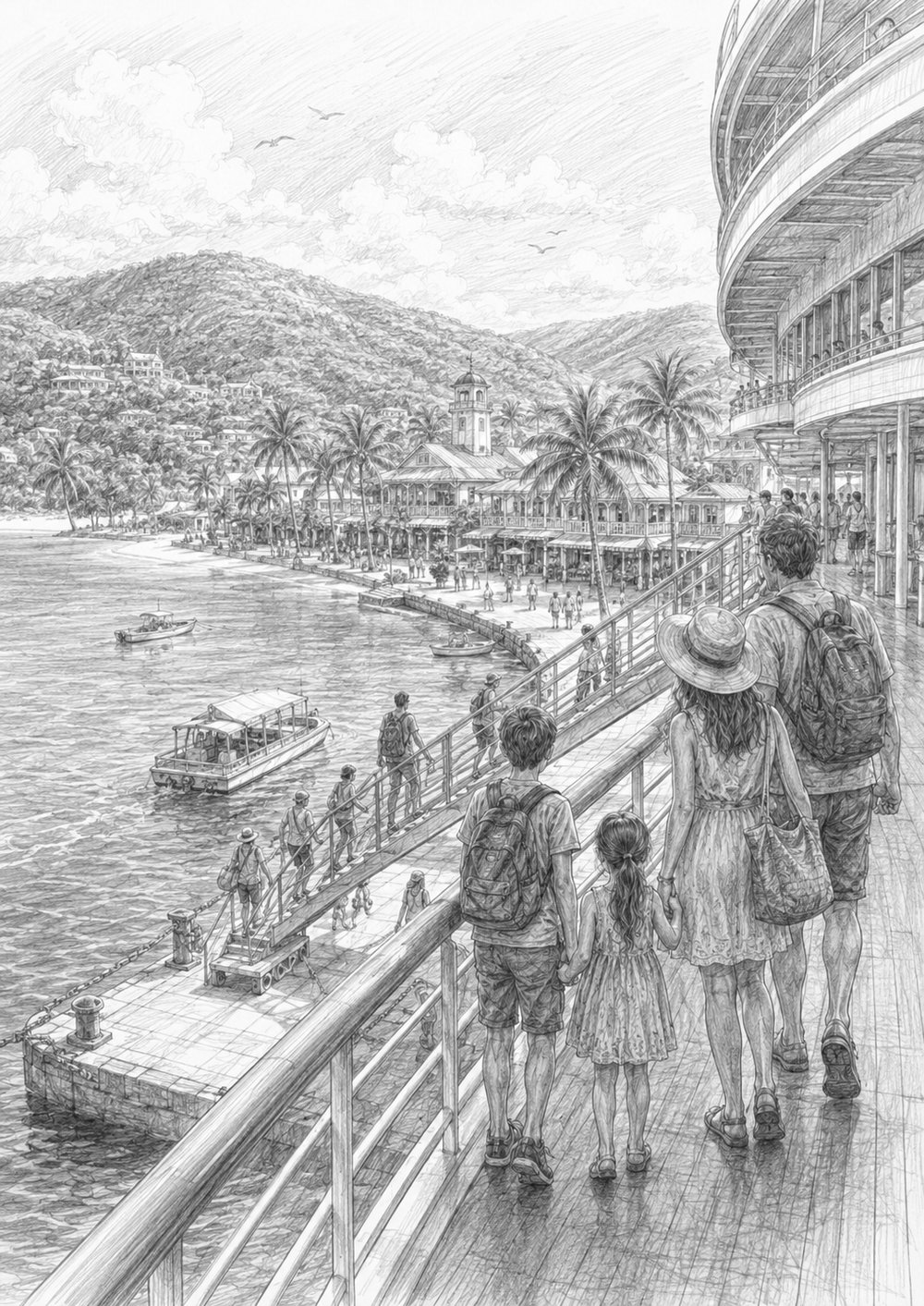 Illustration of a Caribbean port seen from Star of the Seas, with a gangway down to a palm-lined quay