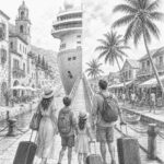 Illustration of a port seen from Legend of the Seas, with a gangway down to the quay