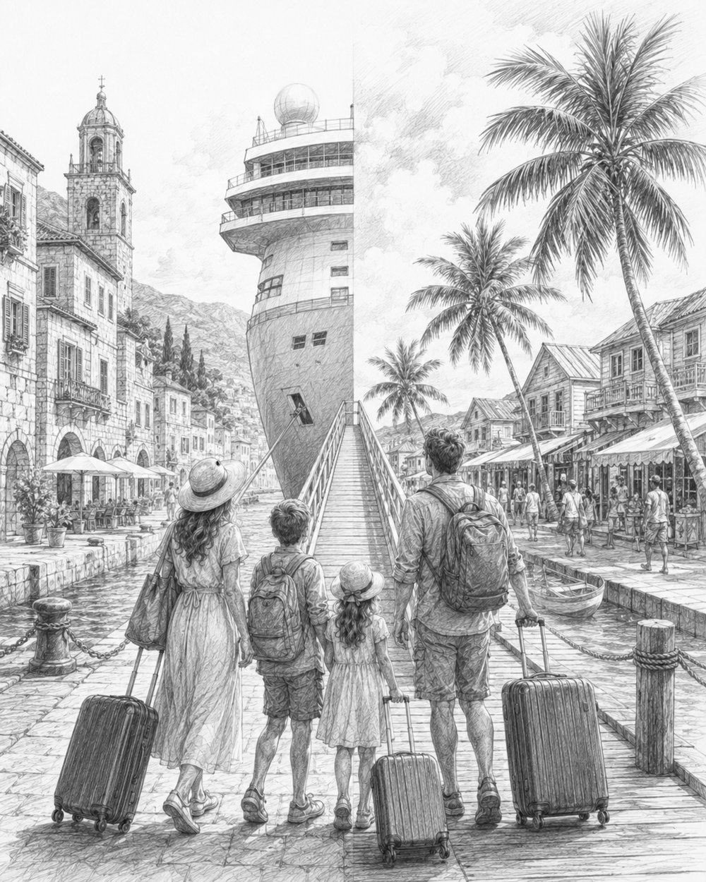 Illustration of a port seen from Legend of the Seas, with a gangway down to the quay