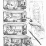 Graphite cutaway illustration comparing interior, ocean view, balcony, and suite cabins on Legend of the Seas