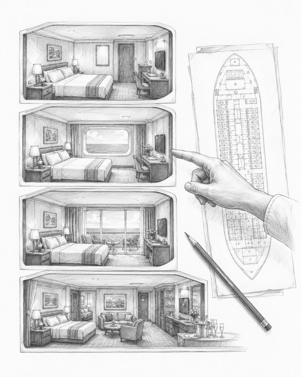 Graphite cutaway illustration comparing interior, ocean view, balcony, and suite cabins on Legend of the Seas