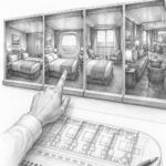 Graphite cutaway illustration comparing interior, ocean view, balcony, and suite cabins on Star of the Seas beside a deck plan