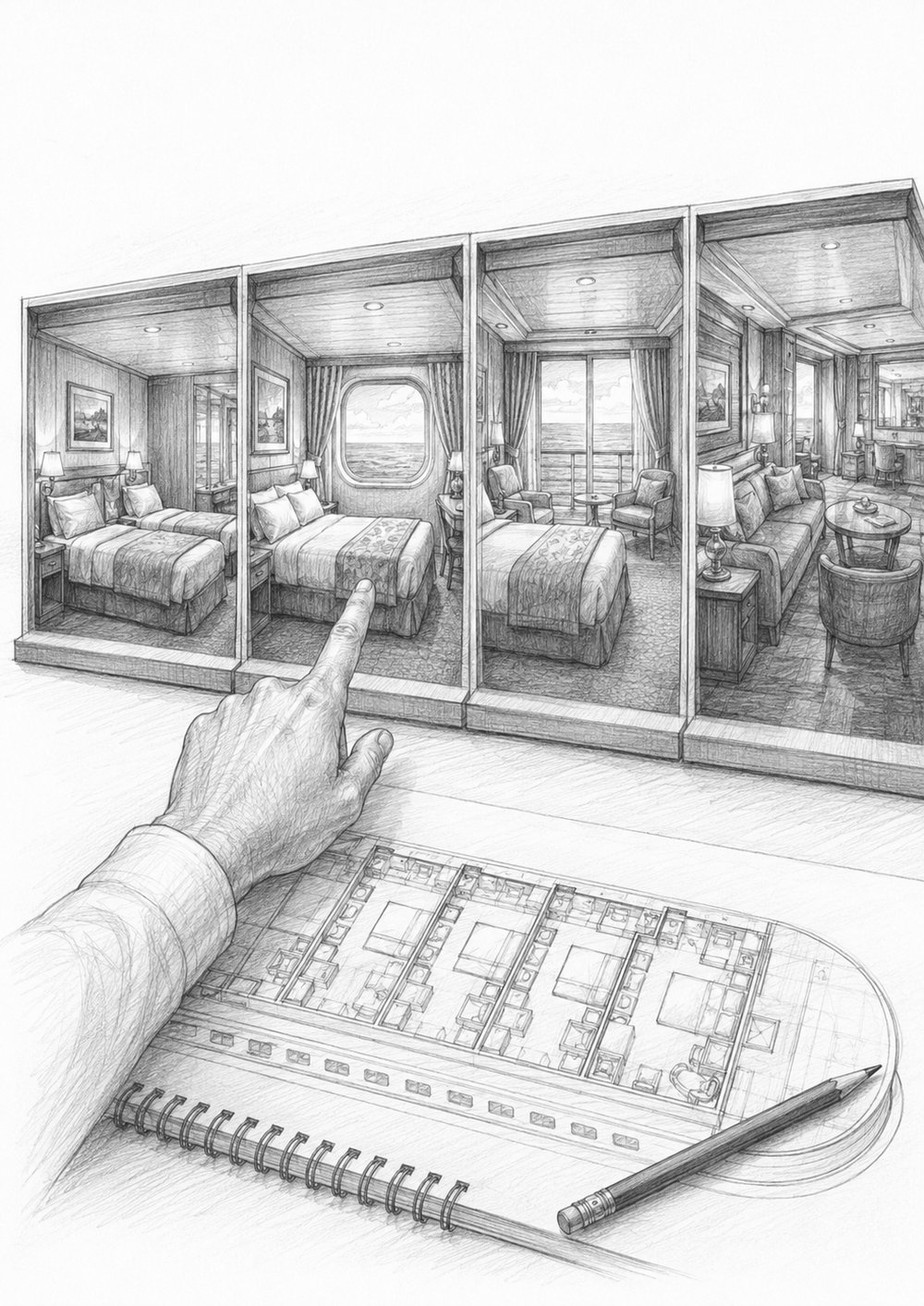 Graphite cutaway illustration comparing interior, ocean view, balcony, and suite cabins on Star of the Seas beside a deck plan