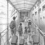 Illustration of guests walking up the gangway to board Star of the Seas on embarkation day