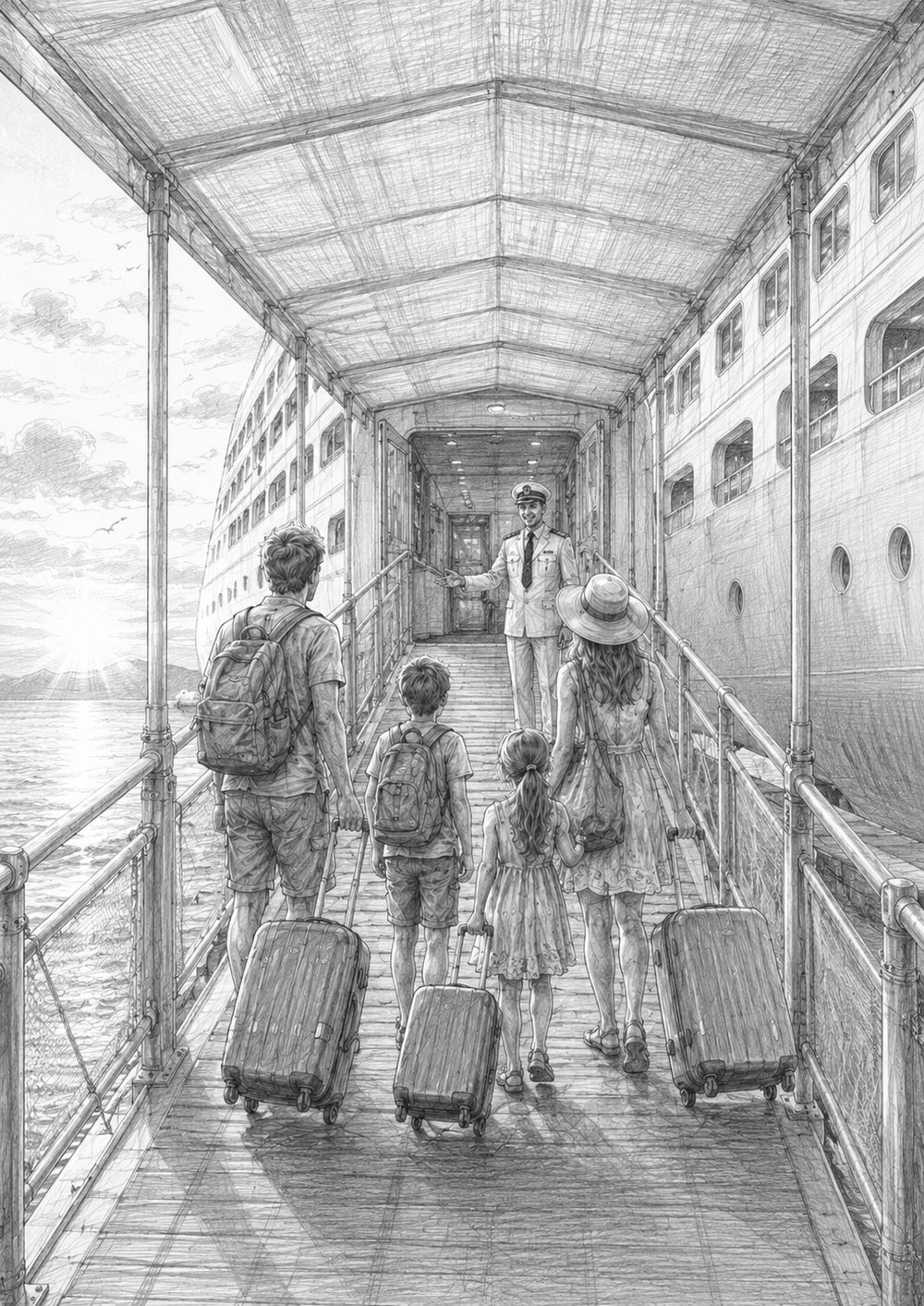 Illustration of guests walking up the gangway to board Star of the Seas on embarkation day