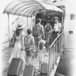 Illustration of guests walking up the gangway to board Legend of the Seas on embarkation day