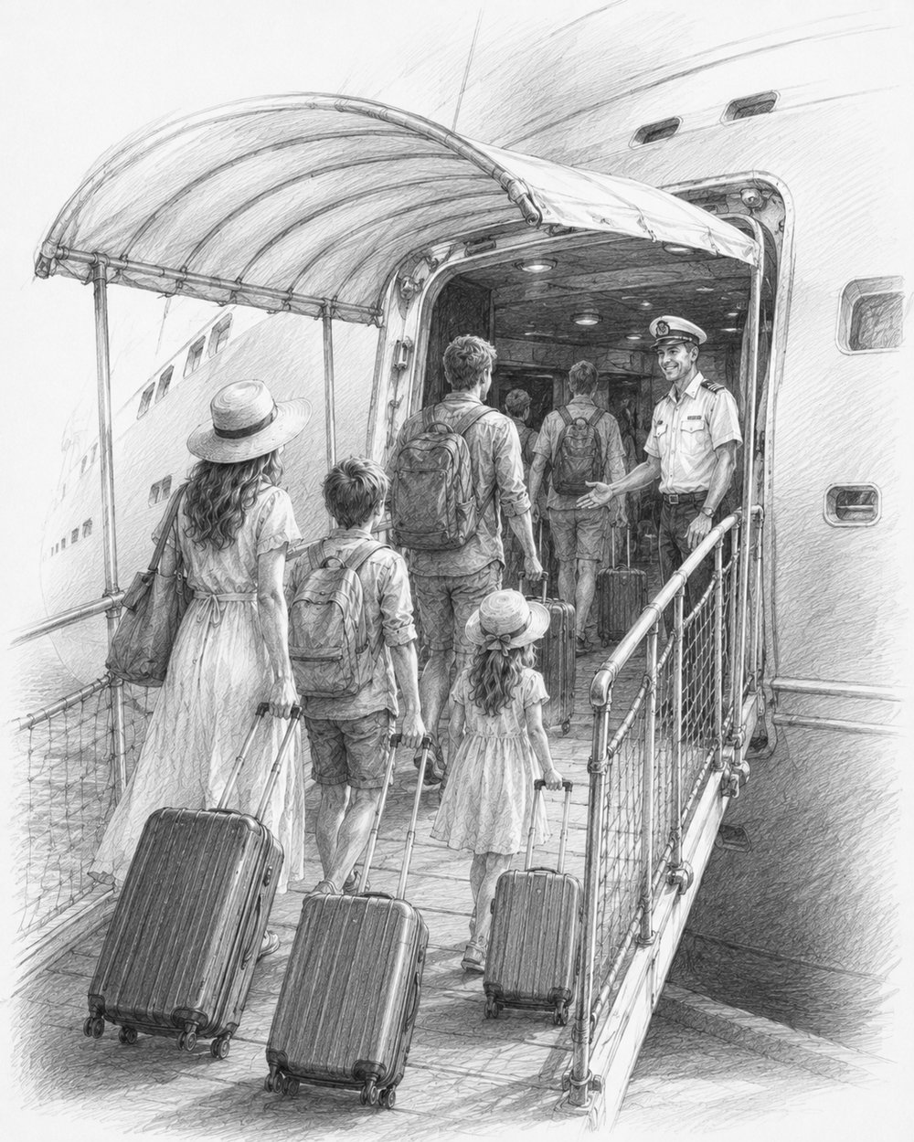 Illustration of guests walking up the gangway to board Legend of the Seas on embarkation day