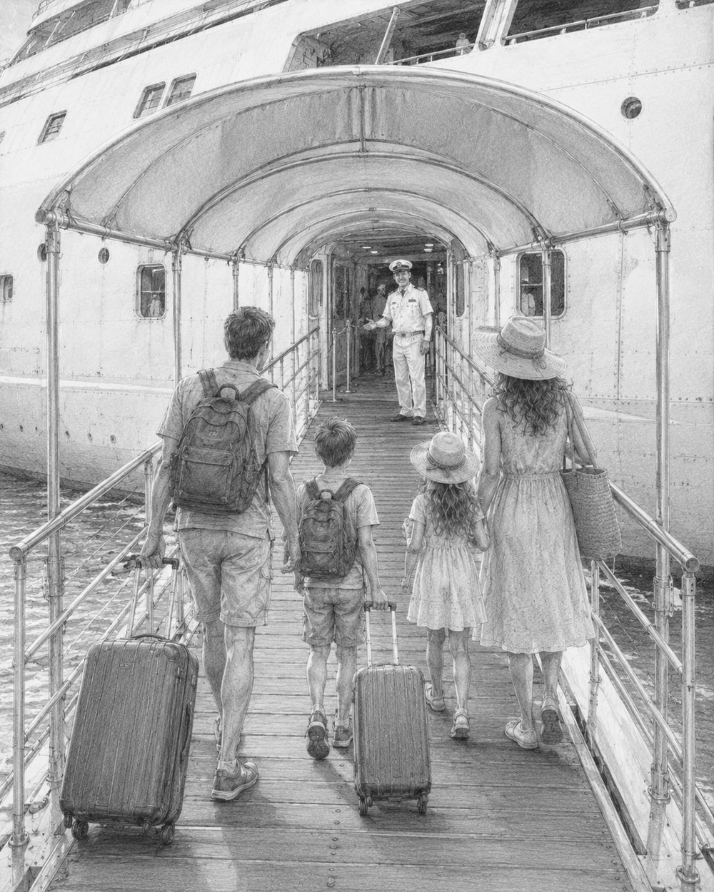 Graphite illustration of guests walking up the gangway to board Icon of the Seas on embarkation day