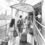 Illustration of guests boarding Wonder of the Seas on embarkation day