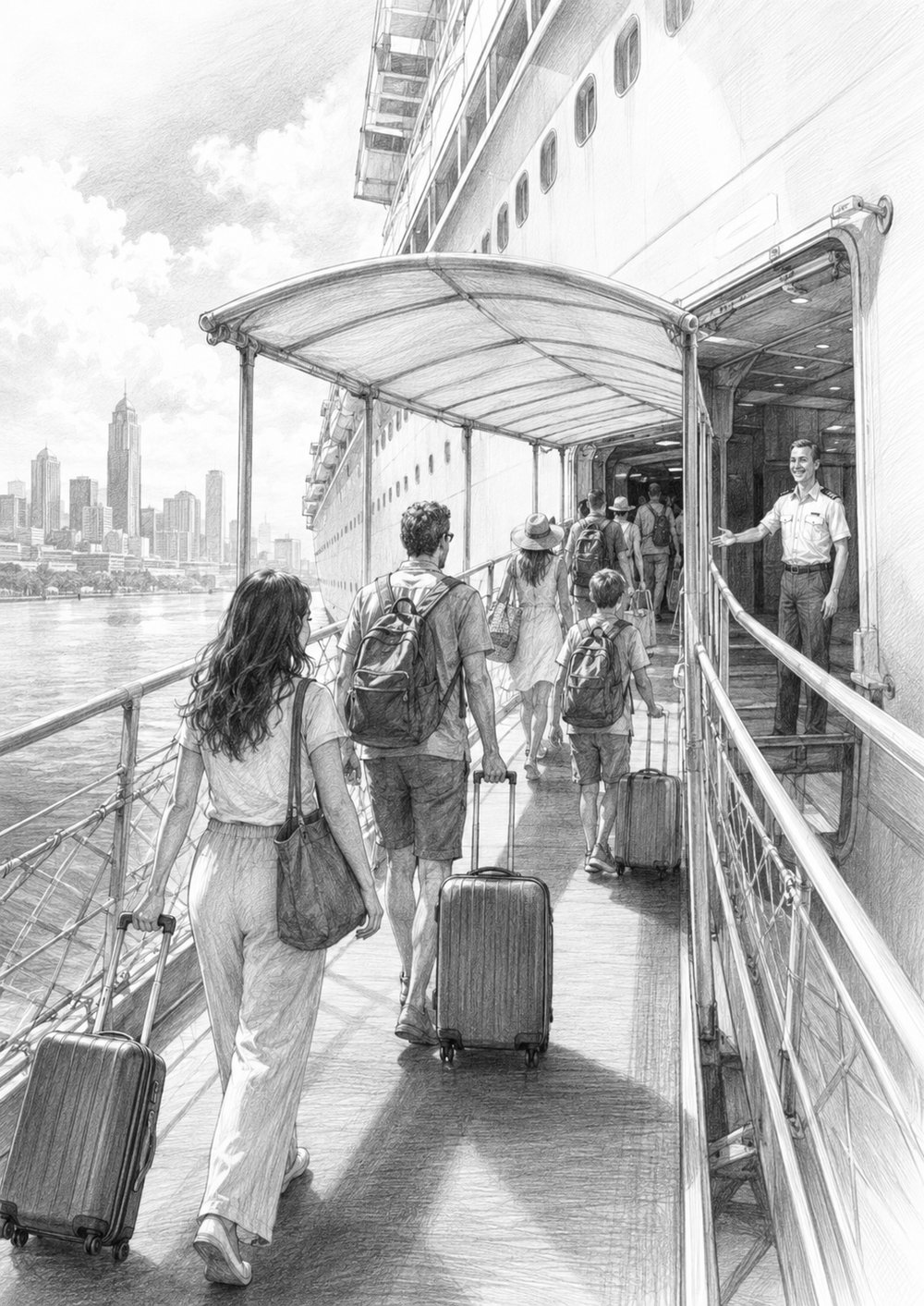 Illustration of guests boarding Wonder of the Seas on embarkation day