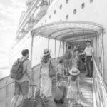 Illustration of guests boarding Utopia of the Seas on embarkation day