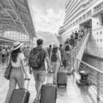 Illustration of guests boarding Norwegian Escape on embarkation day in New York