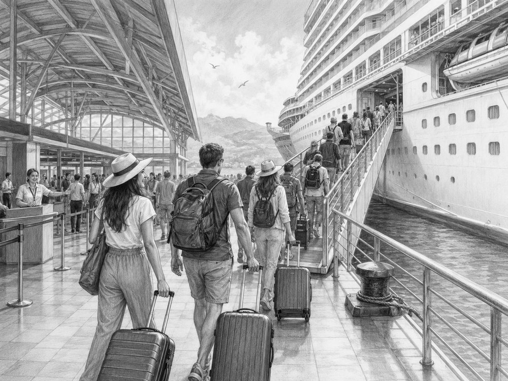 Illustration of guests boarding Norwegian Escape on embarkation day in New York