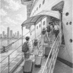 Illustration of guests boarding Sun Princess with the Ocean Medallion on embarkation day