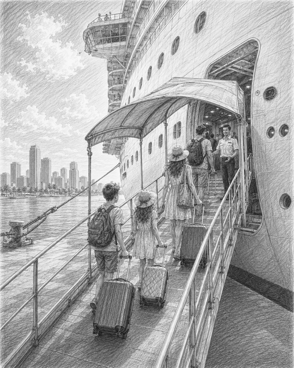 Illustration of guests boarding Star Princess with the Ocean Medallion on embarkation day