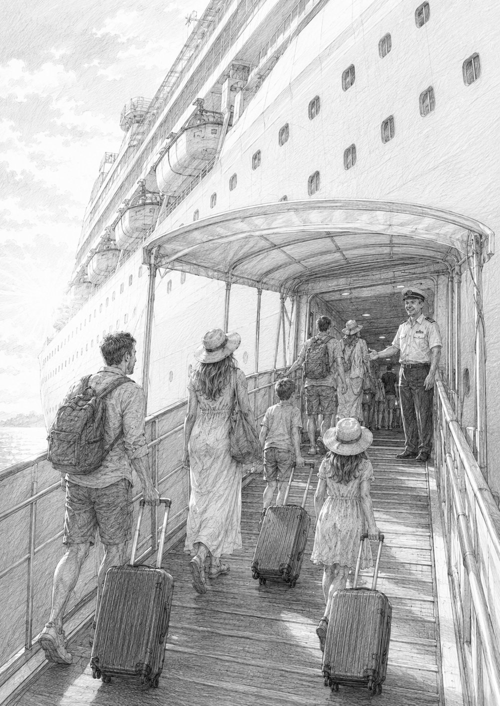 Illustration of guests boarding Utopia of the Seas on embarkation day