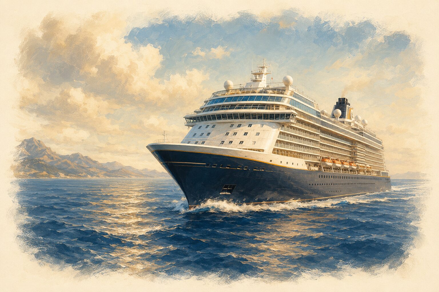 Painterly illustration of a modern cruise ship at sunrise