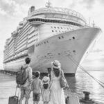 Illustration of Wonder of the Seas at the pier with travelers looking up at the ship