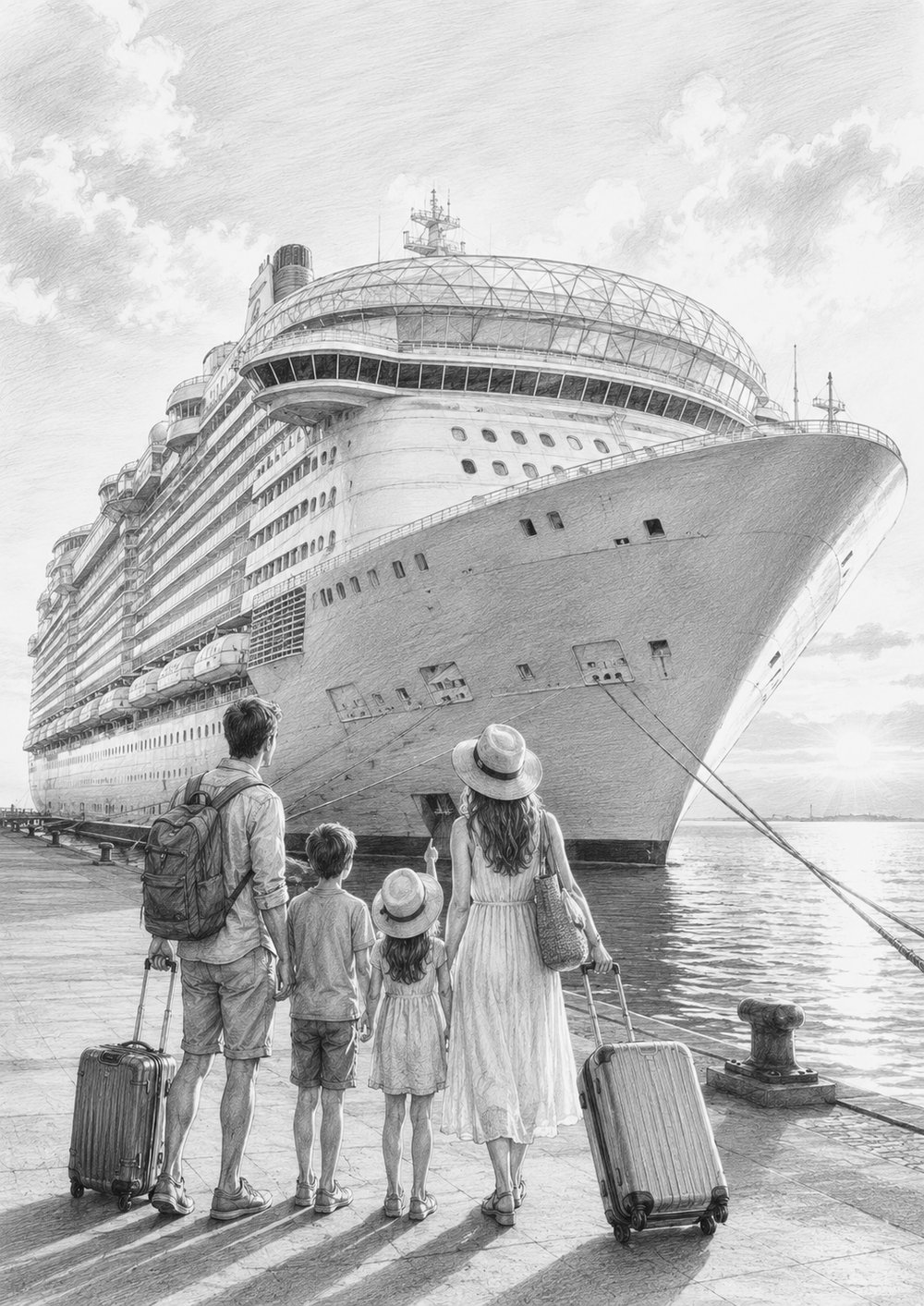 Illustration of Wonder of the Seas at the pier with travelers looking up at the ship